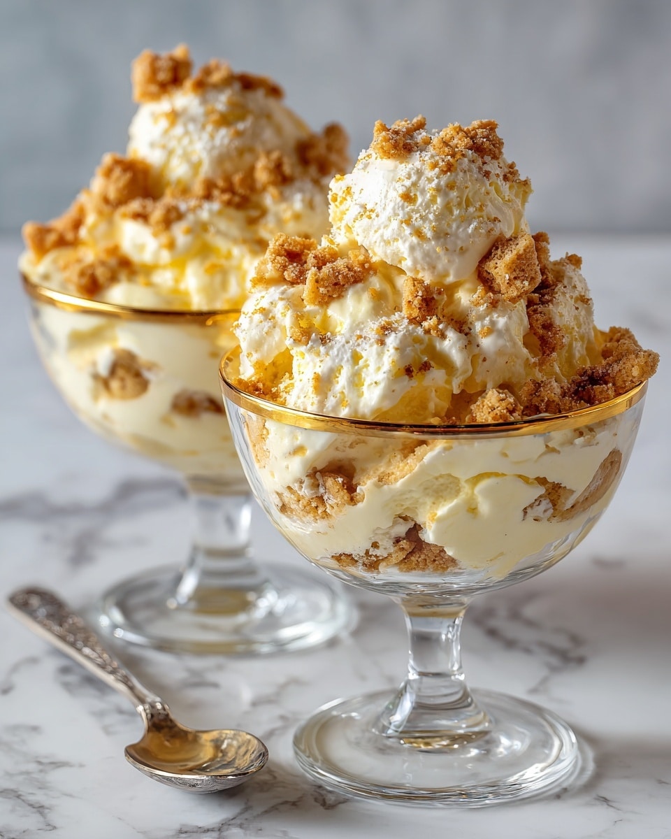The image shows two clear glass dessert cups with gold rims, filled with a creamy layered dessert. The dessert has a light yellow color with a thick and fluffy texture, showing chunks of crumbly cookie pieces mixed throughout. The dessert is piled high above the rim, with more cookie crumbs sprinkled on top. The front cup has a silver spoon scooping a large, airy spoonful, showing the soft, creamy inside and cookie bits. Both cups are placed on a white marbled surface with a clean background. photo taken with an iphone --ar 4:5 --v 7