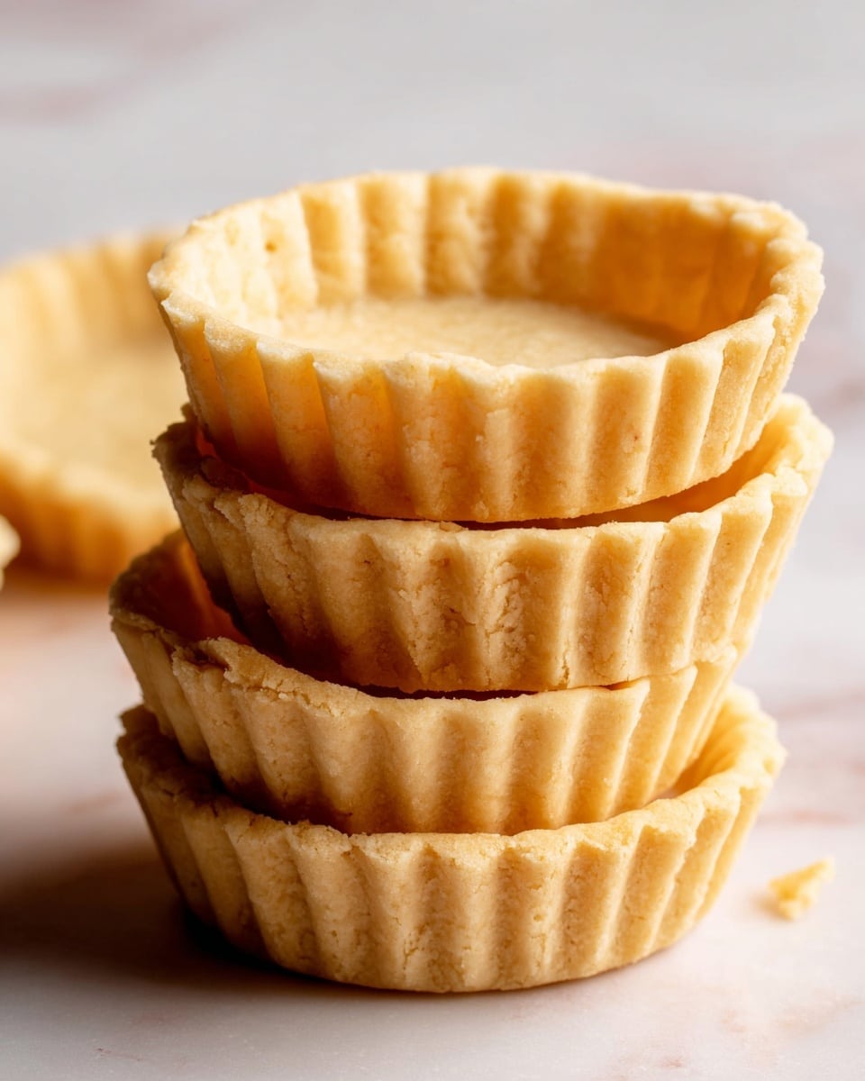 A close-up stack of four empty tart shells is shown, each shell having a light golden brown color with slightly darker edges, a smooth inner surface, and a fluted, ridged outer edge. The shells are thick and crumbly in texture, neatly stacked one on top of another, forming a small tower with the top shell slightly tilted. The background is a soft white marbled surface with blurred light tones. Photo taken with an iphone --ar 4:5 --v 7