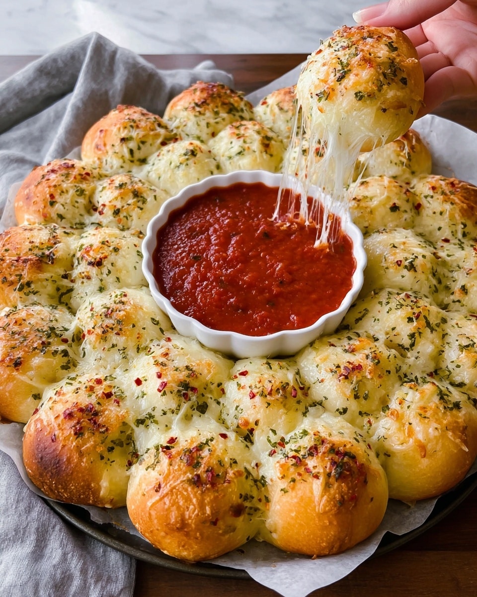 A round arrangement of 16 small golden brown bread rolls forms a flower shape on a white marbled surface. Each roll is topped with a layer of melted white cheese sprinkled with green herbs and red chili flakes. The rolls are placed on white parchment paper over a dark baking tray. In the center, there is a white scalloped bowl filled with thick, vibrant red marinara sauce. One of the rolls is being pulled away by a woman's hand, showing long melted cheese strings stretching from the main group to the roll in the hand. Photo taken with an iphone --ar 4:5 --v 7