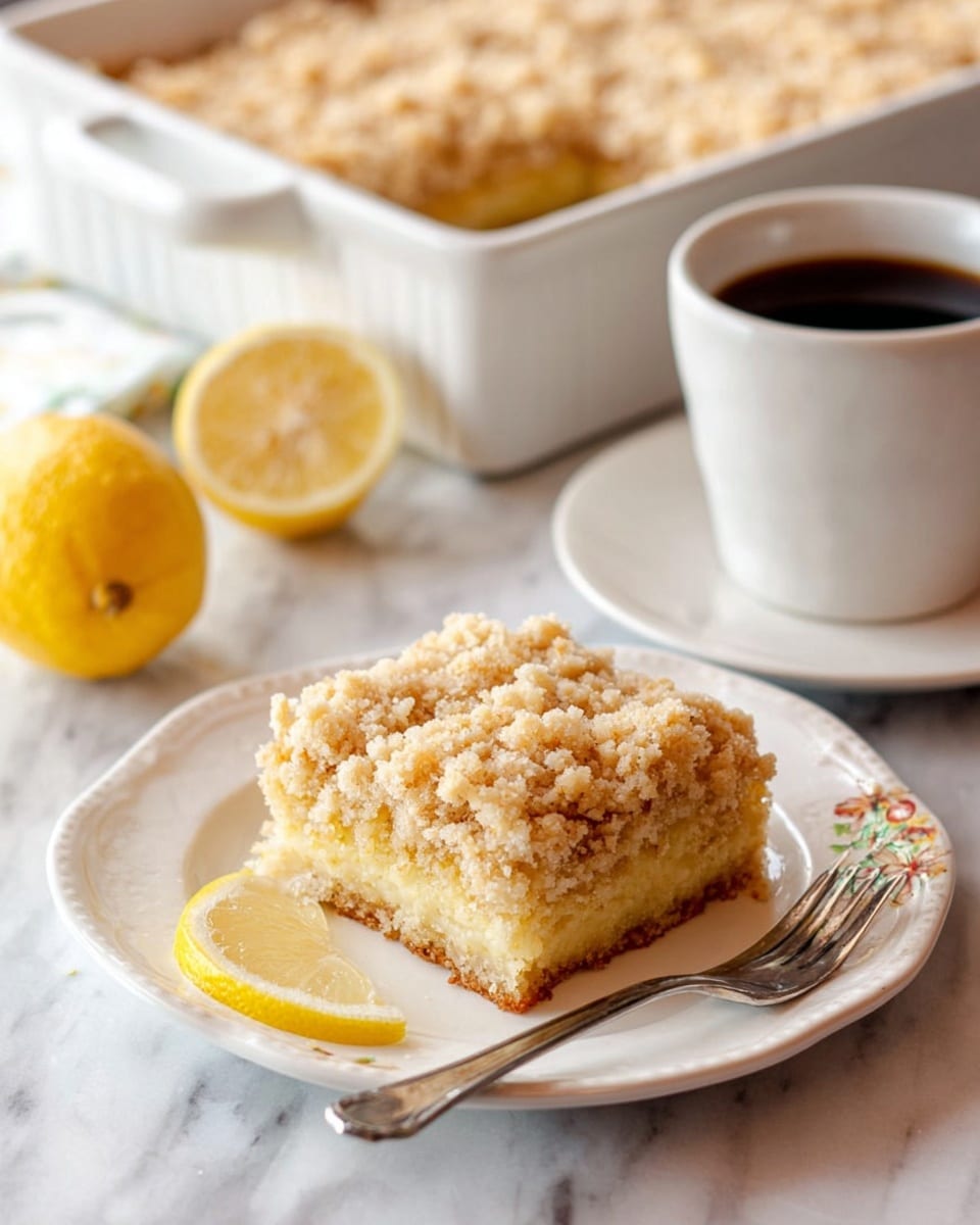 A square piece of crumb cake with a crumbly, golden-tan topping sits on a white plate with a subtle floral pattern, accompanied by a silver fork and a thin lemon slice on the side. The cake has two visible layers: a light yellow, moist cake base topped by a thick, crumbly layer of small, uneven crumbs in light beige and golden colors. In the background, a white rectangular baking dish contains the remaining crumb cake with a missing square revealing the soft cake and crumb layers inside. A halved lemon and a white cup filled with dark coffee are placed near the dish, all set against a white marbled surface. photo taken with an iphone --ar 4:5 --v 7