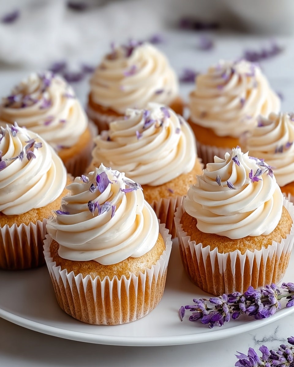 Nine light golden cupcakes are arranged closely together on a white plate with small sprigs of purple flowers around the edges. Each cupcake has one thick layer of smooth, creamy white frosting swirled on top in a circular pattern, finishing in a peak at the center. Delicate purple flower petals are scattered over the frosting for decoration. The scene is set on a white marbled texture with soft natural light highlighting the gentle textures of the cupcakes and frosting. photo taken with an iphone --ar 4:5 --v 7