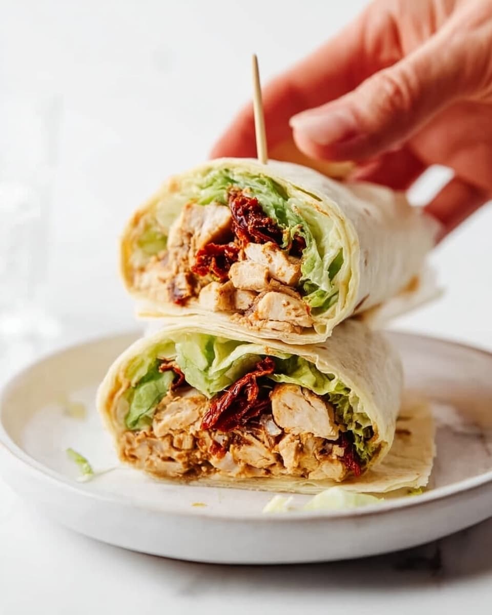 The image shows a wrap cut into two pieces stacked on a white plate with a white marbled surface underneath. The wrap has a soft, light beige outer layer tightly holding the filling. Inside, there is a mix of light brown cooked chicken pieces, dark red sun-dried tomatoes, and fresh green lettuce leaves. A toothpick holds the wrap together at the top. A woman's hand is gently resting on the edge of the plate, adding a casual touch. The background is bright and clean, making the wrap stand out clearly. photo taken with an iphone --ar 4:5 --v 7