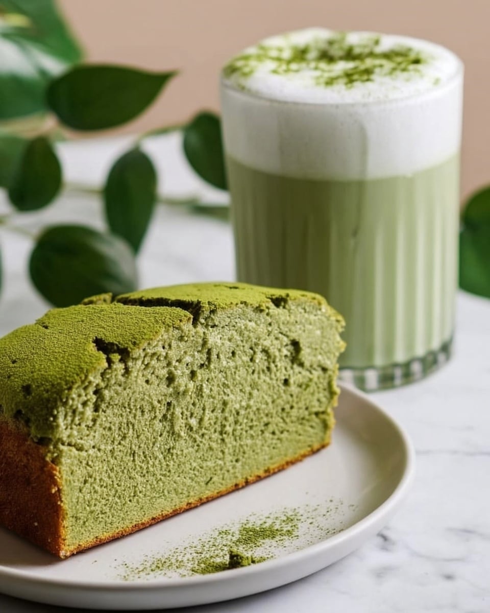 A slice of green matcha cake is shown on a white plate, with the cake having a soft, airy texture and a few cracks on the top surface. Behind the cake is a glass filled with light green matcha latte topped with white foam and sprinkled with matcha powder. Both items are placed on a white marbled surface, with green leaves in the background adding a fresh touch. photo taken with an iphone --ar 4:5 --v 7