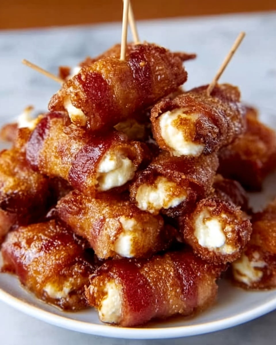A white plate filled with many golden-brown crispy bacon-wrapped cheese sticks stacked in a pyramid shape, with some wooden sticks pushing through the top. The cheese inside looks soft and white, slightly melted and creamy, visible at the ends of the bacon wraps. The bacon is cooked to a shiny, crunchy texture with a rich reddish-brown color. The plate rests on a white marbled surface. Photo taken with an iphone --ar 4:5 --v 7