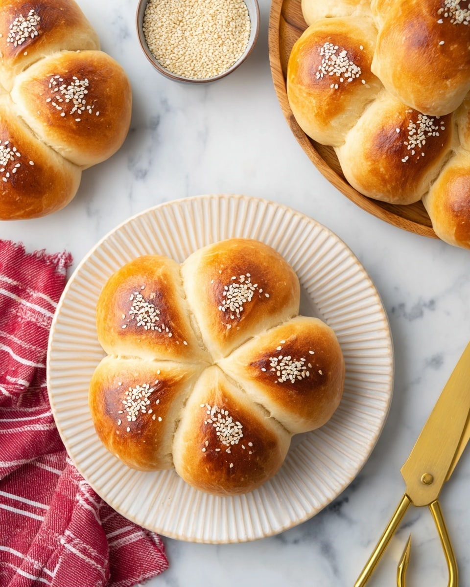 The image shows three round bread rolls shaped like flowers on a white plate with ridged edges, placed on a white marbled surface. Each roll has six segments with a golden-brown shiny crust, sprinkled with white sesame seeds in the center. The bread pieces have a soft and slightly glossy texture. In the top right corner, part of a wooden tray holds more bread rolls of similar shape and color. A small metal bowl of sesame seeds is visible on the left side near a red cloth with white stripes. A pair of golden scissors is partially seen on the bottom right. The photo taken with an iphone --ar 4:5 --v 7