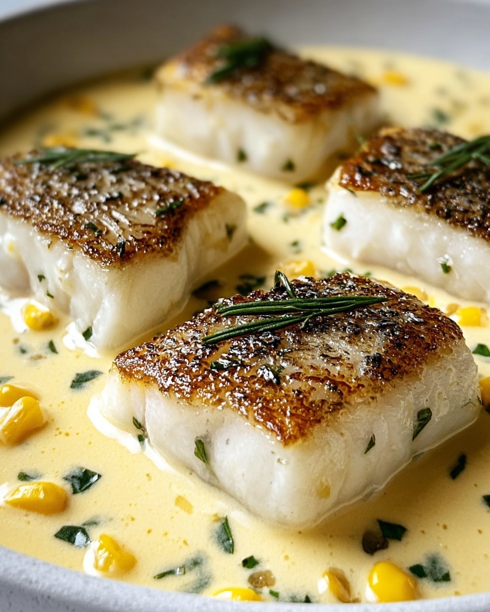 The image shows four thick, golden-brown seared fish fillets with a slightly crispy textured top layer resting in a creamy yellow sauce. The sauce is smooth and speckled with small green herb pieces and small bright yellow corn kernels scattered around. The fish fillets are arranged in a white dish, set against a white marbled texture background. The lighting highlights the moist and tender white interior of the fish beneath the browned top. photo taken with an iphone --ar 4:5 --v 7