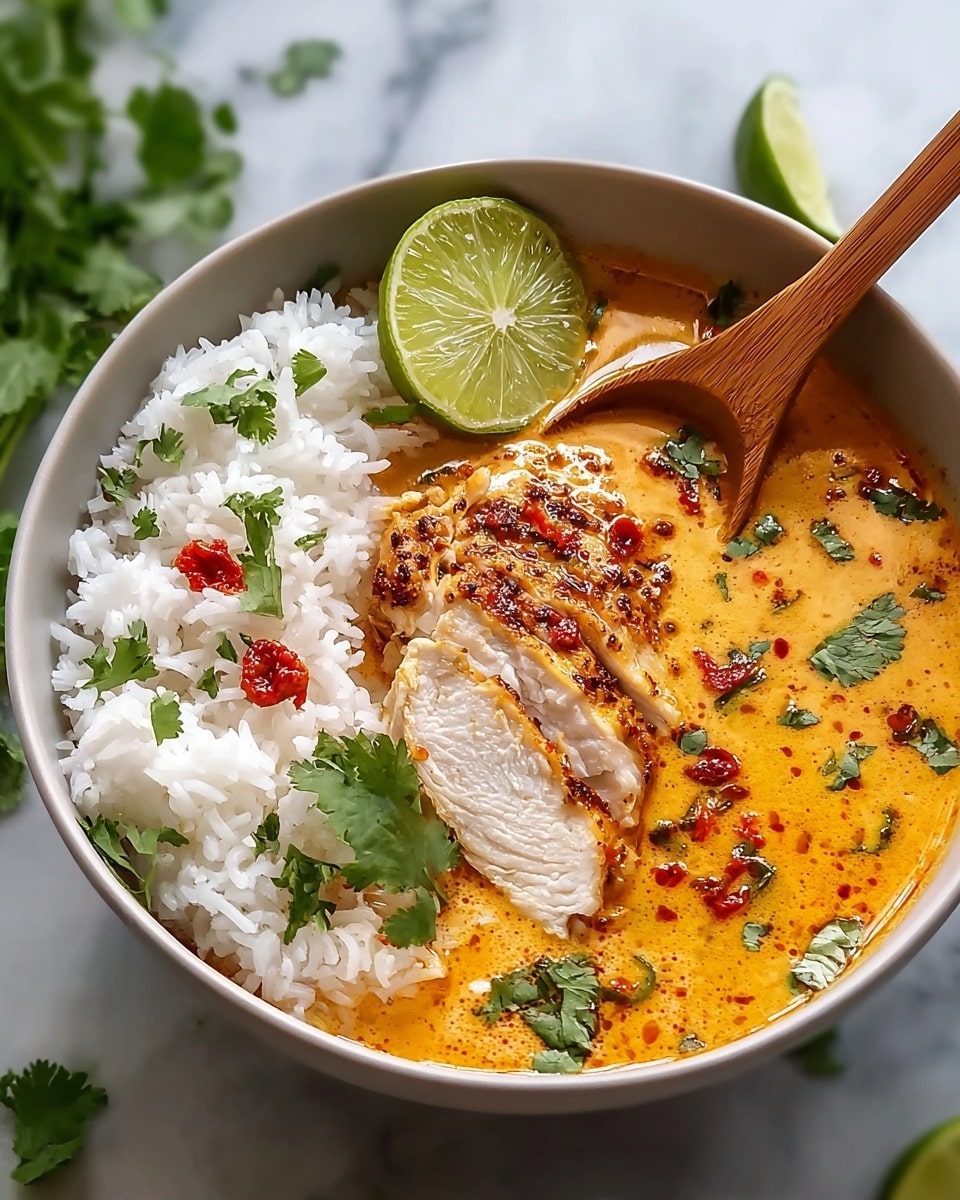 A white bowl with two main layers: on one side, white cooked rice topped with green cilantro leaves, and on the other, creamy orange curry with visible oil droplets and green cilantro pieces floating in it. A large piece of white chicken breast with a golden-brown spice crust is partially sliced and rests in the curry. There are small dollops of red chili sauce on the chicken and in the curry. Two lime wedges are placed on the rice side. A wooden spoon lifts a chunk of the chicken. The bowl sits on a white marbled surface with some scattered cilantro leaves around. Photo taken with an iphone --ar 4:5 --v 7