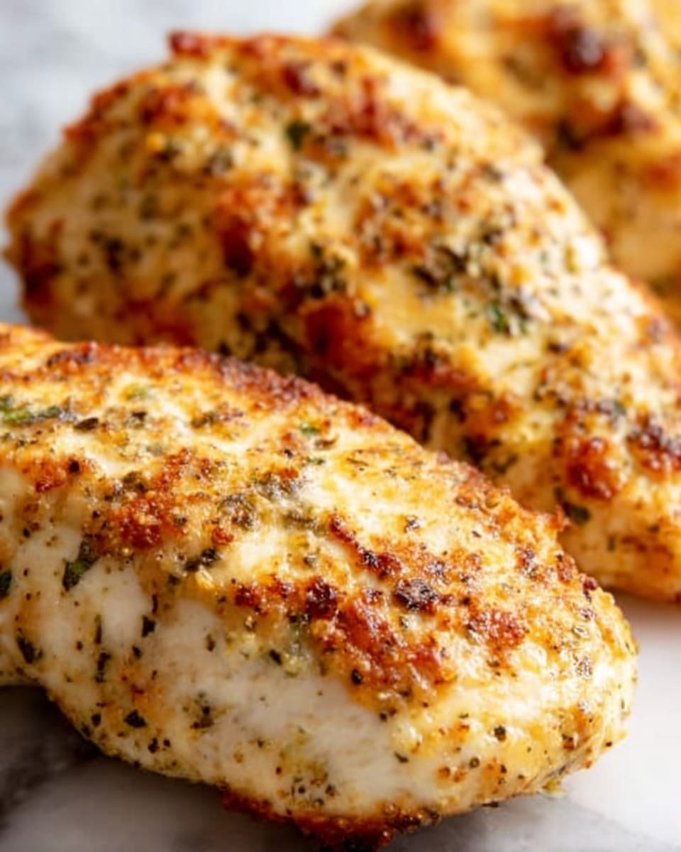 The image shows three pieces of baked chicken breast with a golden brown crust on the outside. The chicken is covered with small bits of herbs and spices, giving it a speckled texture with light brown and green colors. The surface of the chicken looks slightly crispy but still moist inside, and the pieces are close to each other on a white marbled textured surface. photo taken with an iphone --ar 4:5 --v 7