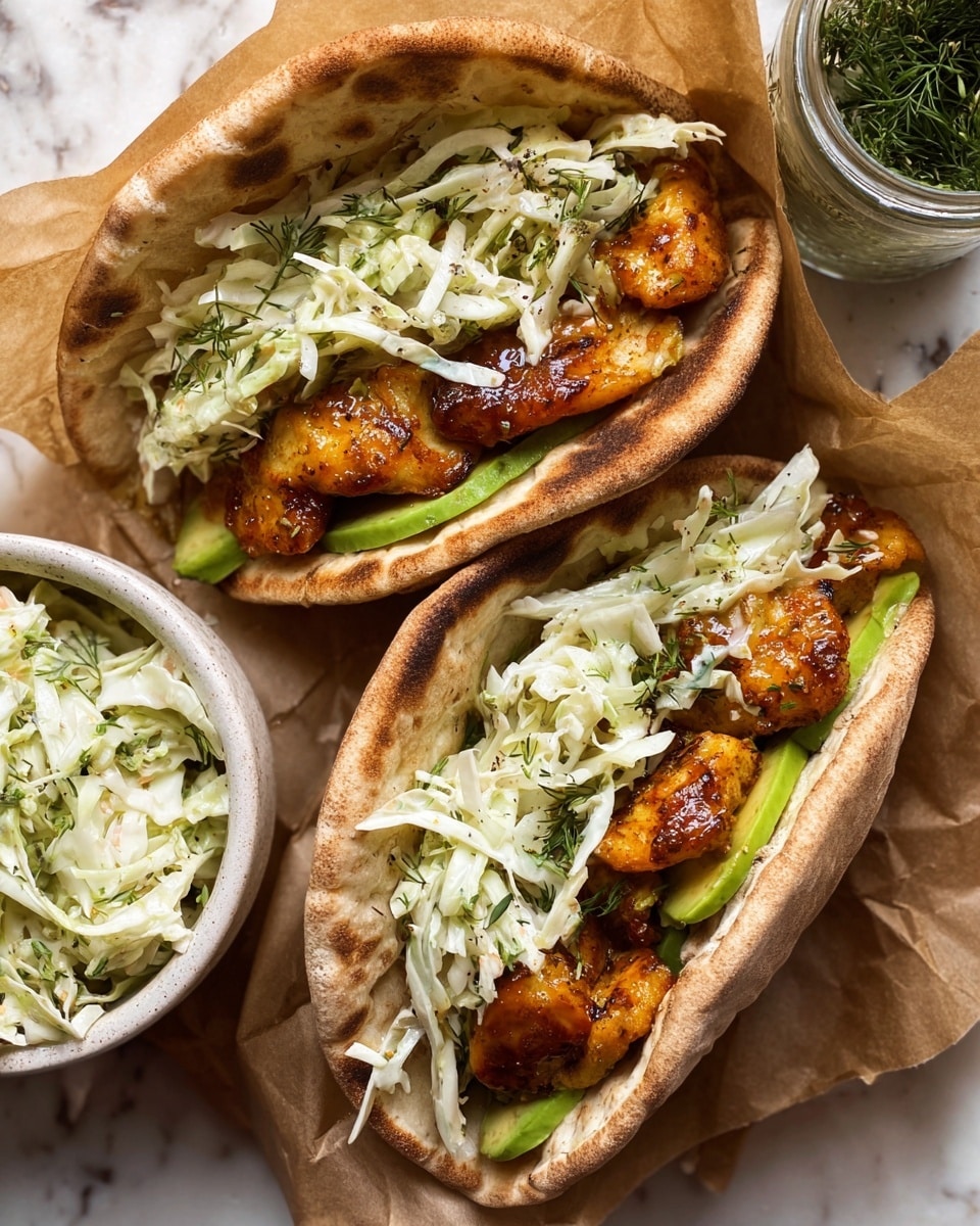 Two pita sandwiches sit on brown parchment paper on a white marbled surface, each filled with three main layers: the bottom layer shows slices of green avocado, the middle layer contains glossy, golden-brown fried chicken pieces coated in a shiny sauce, and the top layer consists of creamy coleslaw made of thin white cabbage strips with green herbs. The pita bread is lightly toasted with a soft brown and slightly speckled texture. To the side, a white bowl holds extra coleslaw with the same creamy, herb-speckled cabbage mix, and a small glass jar with green herbs is partially visible in the corner. photo taken with an iphone --ar 4:5 --v 7