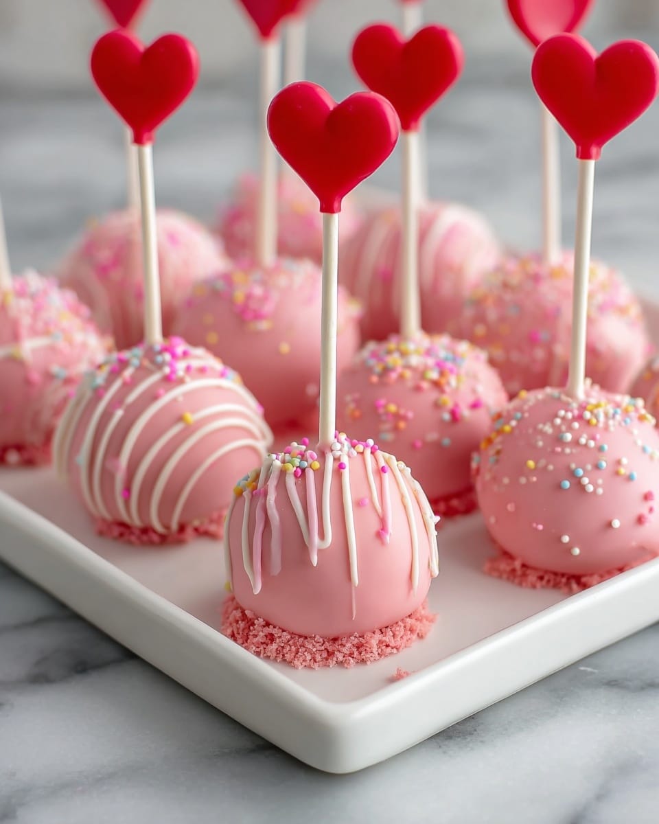 The image shows a tray full of pink cake pops with a smooth, glossy finish. Each cake pop is round and covered in a soft pink coating, some decorated with white and pink drizzle lines and others sprinkled with small, colorful round sprinkles. The cake pops have a thin stick inserted at the top, ending in a bright red heart-shaped topper. The tray is white and set on a white marbled surface, creating a clean and bright look. The cake pops are close together, showing delicate textures of icing and sprinkles, with a neat layer of pink crumb at the bottom edge of each pop. photo taken with an iphone --ar 4:5 --v 7