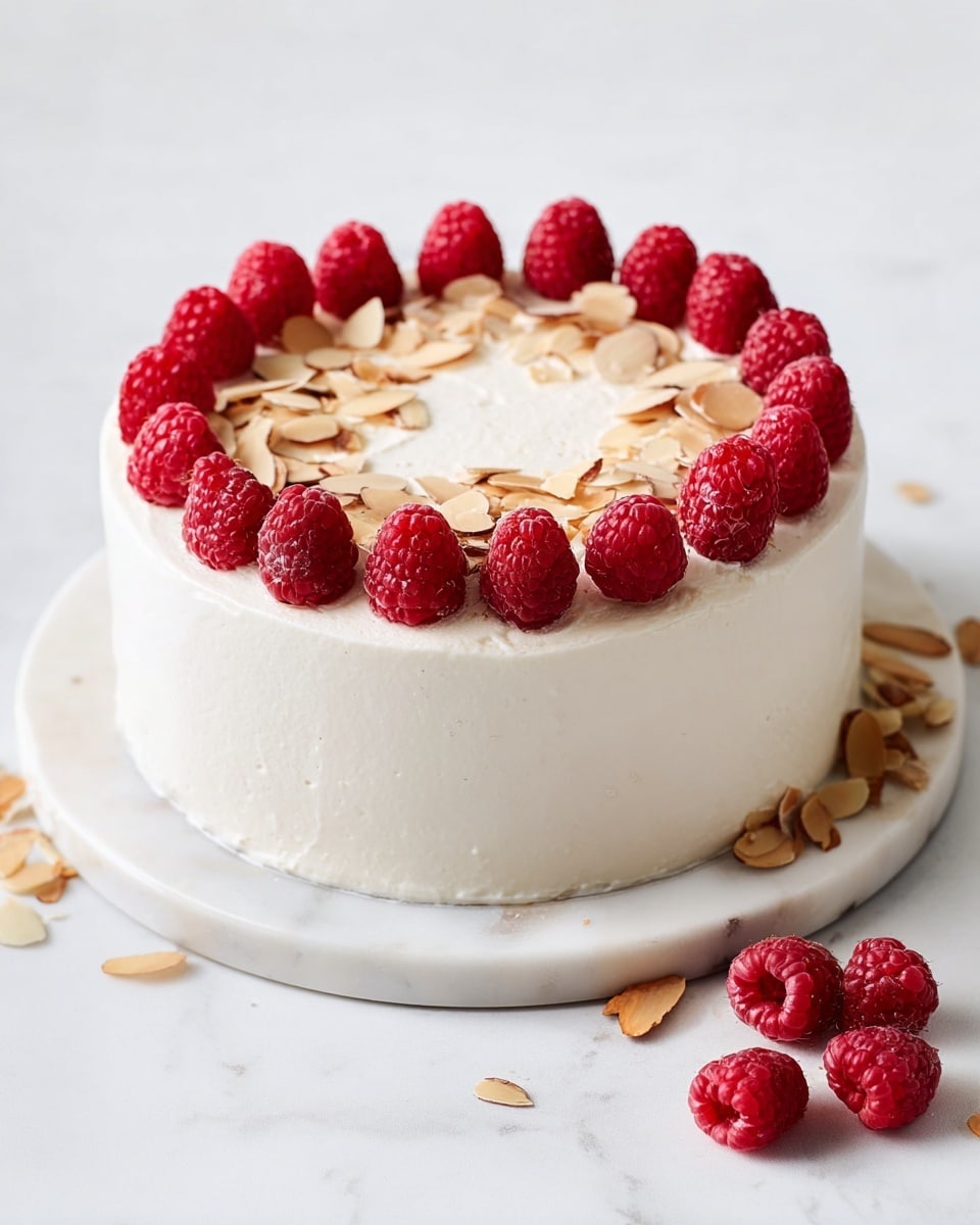 A smooth, white frosted cake stands tall on a round white marble surface, with a single visible layer of soft, creamy exterior that is evenly spread all around. On top, a ring of bright red raspberries forms a crown near the edge, interspersed with thin, light-brown almond slices for texture. A few extra raspberries and almond slices lay scattered casually around the cake on the marble. The white background adds to the clean, fresh look of the scene. photo taken with an iphone --ar 4:5 --v 7