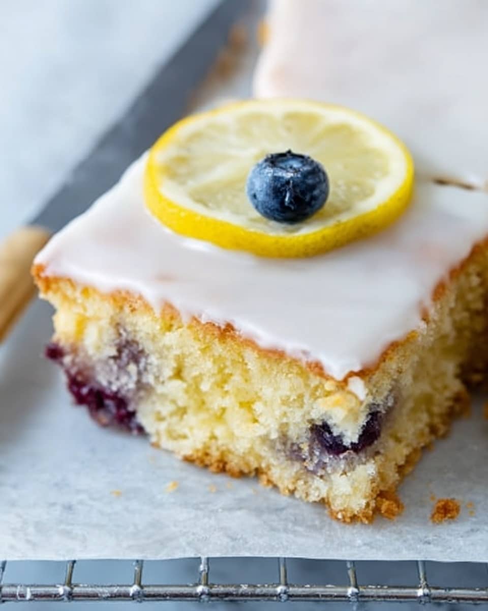 The image shows a close-up of a square piece of cake with three visible layers: the bottom layer is golden brown and crumbly, the middle layer has small dark spots likely from berries or chocolate, and the top layer is a smooth white glaze that covers the top surface. On top of the cake piece, there is a yellow lemon slice and a single blueberry placed near the center. The cake is set on a white marbled surface with a cooling rack beneath it, and there is a woman's hand holding a knife in the background partially visible, spreading or cutting the cake. photo taken with an iphone --ar 4:5 --v 7
