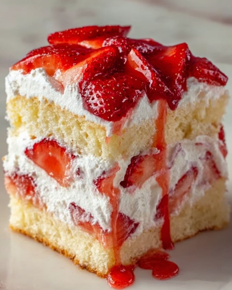 A close-up of a slice of strawberry shortcake showing three layers of soft yellow cake. Between the cake layers are thick, fluffy white whipped cream and bright red sliced strawberries. On top, glossy strawberry slices form a neat layer, with some red syrup dripping down the sides. The cake has a light and creamy texture with juicy fruit visible inside, all placed on a white marbled surface. photo taken with an iphone --ar 4:5 --v 7