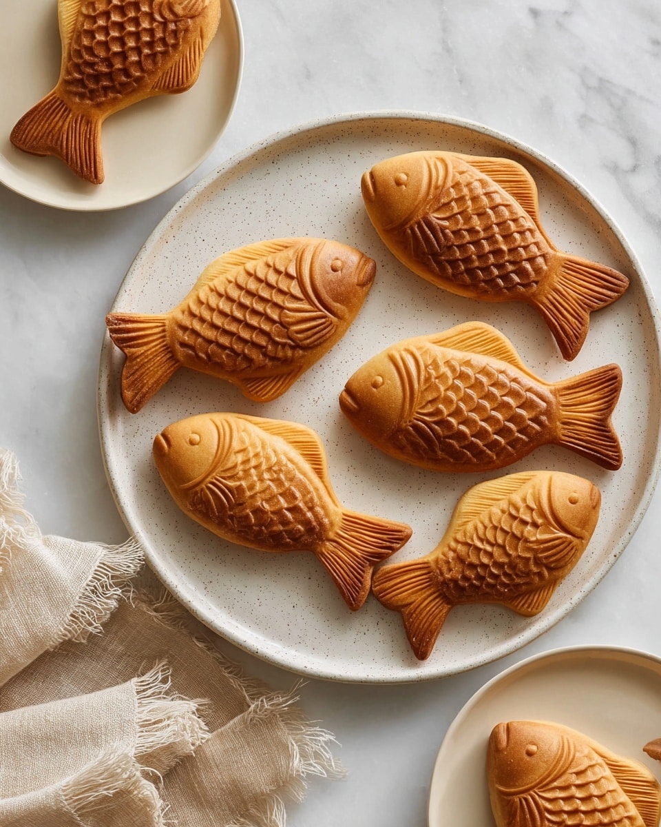 The image shows six golden-brown, fish-shaped pastries arranged on a round white speckled plate set on a white marbled surface. Each pastry has detailed fish scale and fin patterns with a smooth texture, slightly darker brown on the raised parts and lighter golden in the recessed areas. The pastries are evenly spaced with their tails pointing in various directions. Around the main plate, parts of two more plates also holding similar fish pastries are visible. A beige linen cloth with frayed edges is draped casually to the top left of the plate. Photo taken with an iphone --ar 4:5 --v 7