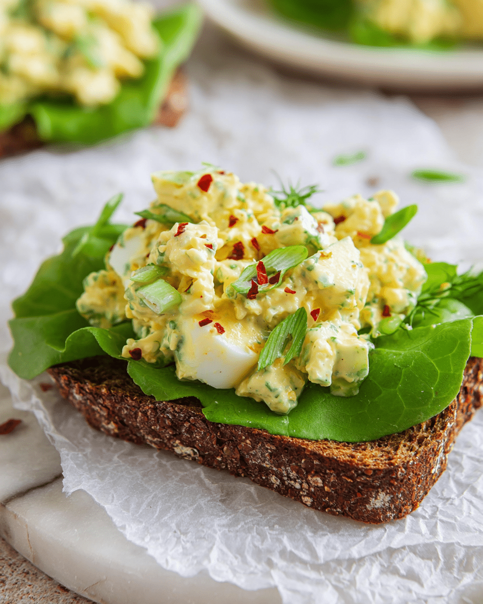 A close-up view of an open sandwich on a white marbled surface showing one thick slice of dark multigrain bread as the base, topped with a fresh bright green leaf of lettuce. On top of the lettuce is a chunky mixture of pale yellow egg salad with visible pieces of chopped hard-boiled egg whites, light green celery, and green onions, all coated in a creamy dressing. The salad is sprinkled with small red chili flakes for color contrast. The sandwich is placed on a piece of crumpled white parchment paper, adding texture to the image. In the blurred background, there is a white plate with more egg salad. photo taken with an iphone --ar 4:5 --v 7