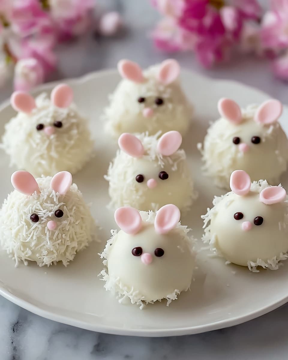 A white plate with seven round, white chocolate-covered balls arranged across it. Each ball is decorated to look like a small bunny with two small pink candy ears placed on top and two tiny dark chocolate dots close together representing eyes. Some balls are covered with white sprinkles giving a rough texture, while others have a smooth finish. Soft pink flowers are blurred in the background, adding a gentle color contrast. The plate sits on a white marbled surface. photo taken with an iphone --ar 4:5 --v 7