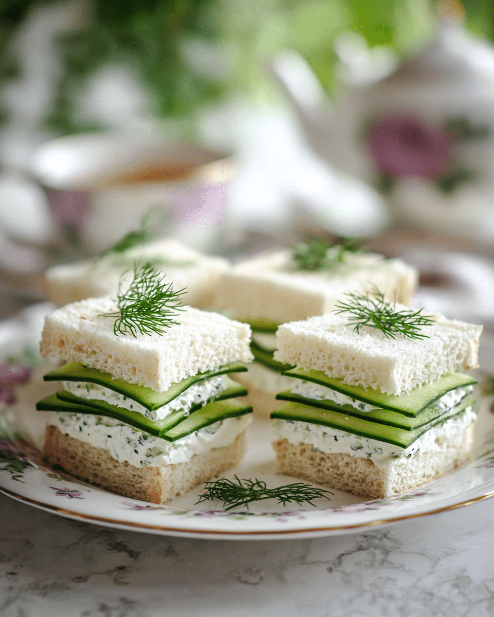 The image shows four small square sandwiches arranged on a white plate with a delicate floral border. Each sandwich has three layers of soft white bread with two layers of spreadable white cream mixed with green herbs in between. Thin, bright green cucumber slices form two layers above and below the herb cream in each sandwich. On top of each sandwich, a small sprig of fresh dill adds a touch of green. The setting includes a soft white marbled texture surface underneath the plate and a blurred floral teapot in the background. The light is soft and natural, highlighting the fresh and clean colors of the sandwiches. photo taken with an iphone --ar 4:5 --v 7