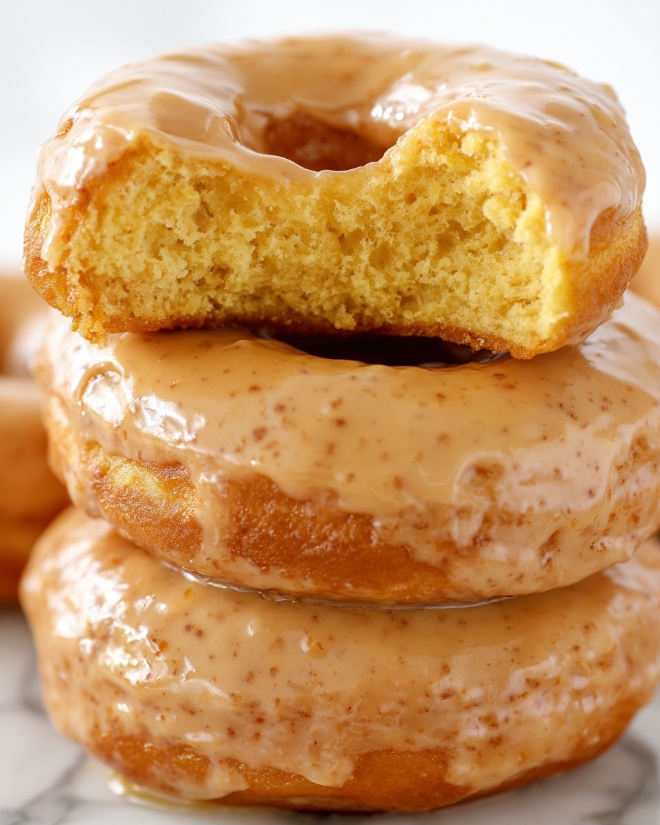 The image shows a close-up stack of three glazed donuts on a white marbled surface. The bottom and middle donuts are fully coated with a smooth, light brown, slightly speckled glaze that looks creamy and thick. The top donut is broken in half, revealing a soft, spongy yellow inside with a moist texture, while its top half is also covered with the same glaze. The glaze on all donuts has a shiny finish, creating an inviting and fresh look. photo taken with an iphone --ar 4:5 --v 7