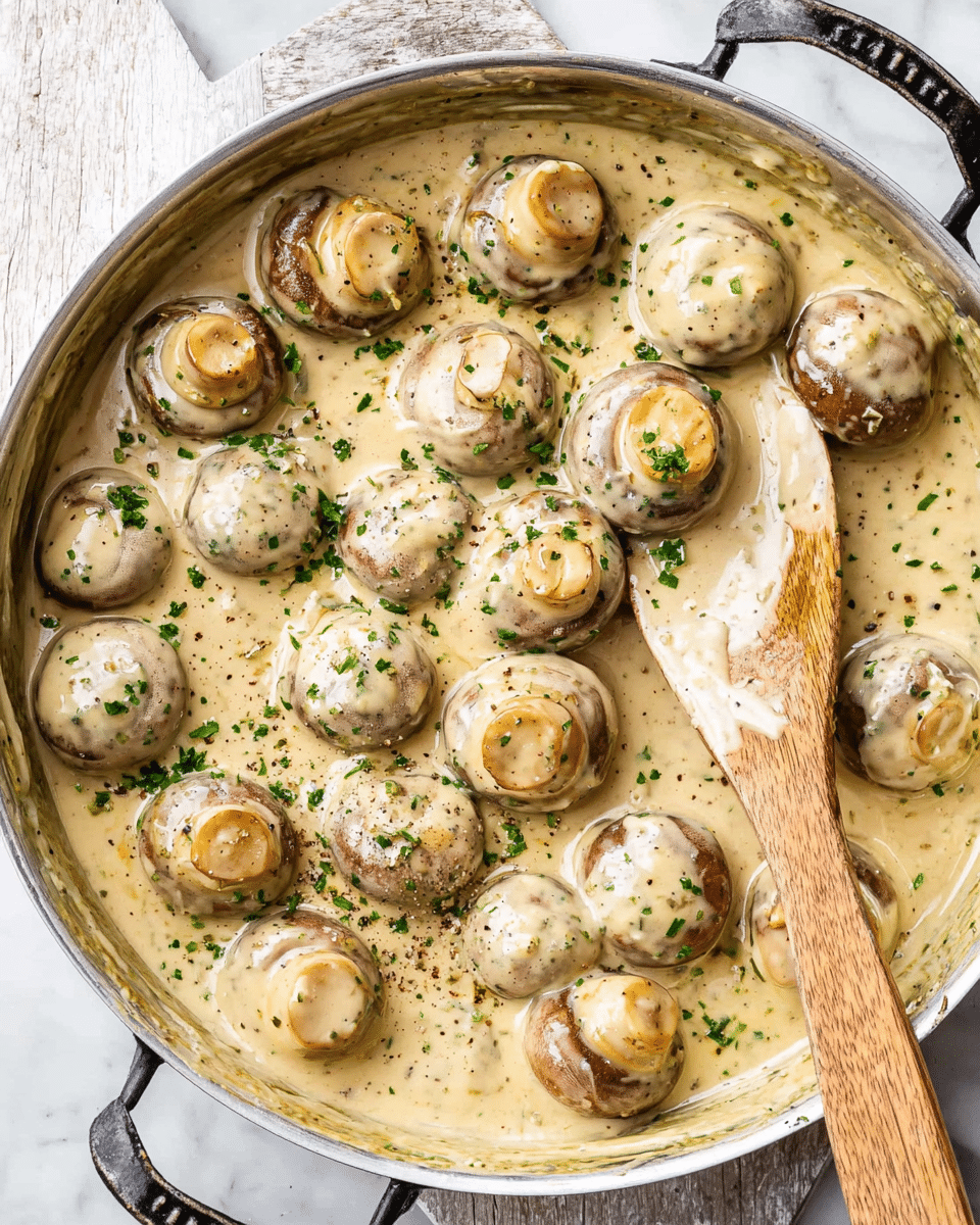 A close-up of a pan filled with whole mushrooms immersed in a thick creamy sauce. The sauce is pale beige with visible specks of black pepper and green herbs evenly spread throughout. The mushrooms are a mix of light brown and beige, glossy from the sauce, and arranged closely together. A wooden spoon is placed on the right side, partially covered in sauce, with its handle extending out of the pan. The pan has a metal rim and two small black handles, all set on a white marbled surface. photo taken with an iphone --ar 4:5 --v 7
