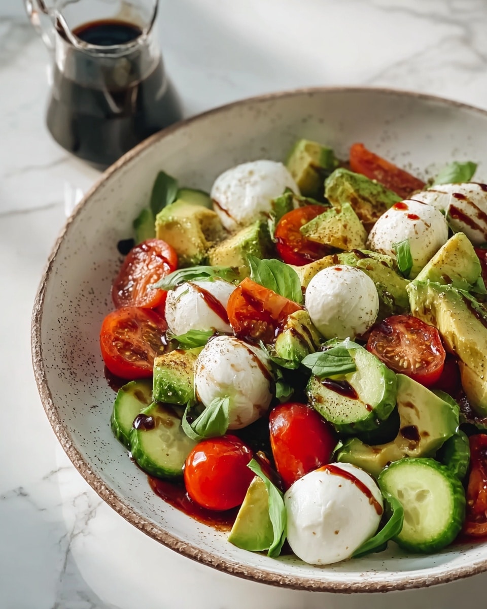The dish shows a close-up view of a salad in a round white plate with speckled edges, placed on a white marbled surface. The salad has multiple layers: the bottom layer consists of green avocado chunks and sliced cucumber pieces with a fresh, bumpy texture, scattered with bright red halved cherry tomatoes that reveal their juicy insides. On top, there are several smooth, white mozzarella balls evenly distributed. The salad is garnished with torn green basil leaves and drizzled with dark brown balsamic glaze, adding a glossy finish. In the background, a glass container of balsamic glaze is partially visible. photo taken with an iphone --ar 4:5 --v 7