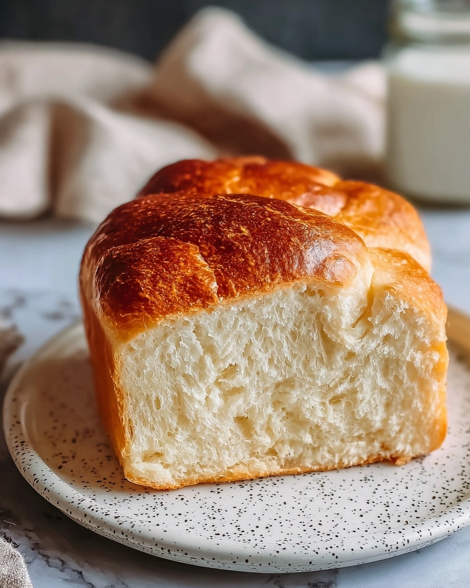 A close-up view of a thick slice of soft bread with a shiny golden brown crust on top and a light, fluffy white inside. The bread sits on a white plate with black speckles. The background is a white marbled texture with a blurred cloth and a small glass jar. The bread looks fresh and well-baked, with a smooth, slightly wrinkled crust and a soft, airy texture inside. photo taken with an iphone --ar 4:5 --v 7
