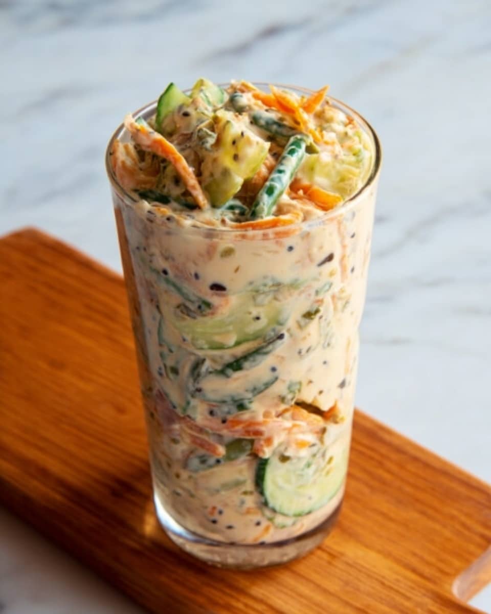 The image shows a tall clear glass filled with a layered salad. The bottom and middle layers are creamy with visible pieces of light green cucumber slices, orange carrot strips, and dark green long beans mixed in. The salad appears thick and coated with a creamy white dressing that has small black seeds scattered throughout. The glass is placed on a wooden board, set against a white marbled surface. A woman's hand is holding the glass from the side. Photo taken with an iphone --ar 4:5 --v 7