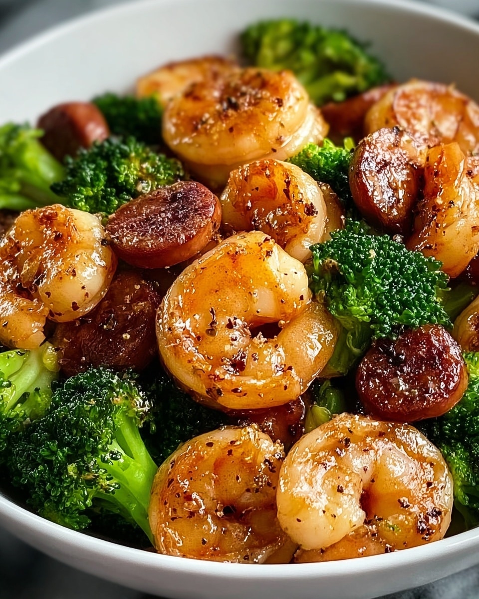 A close-up of a white bowl filled with four layers: the bottom layer is bright green broccoli florets with a rough texture, mixed evenly; on top of that are golden-brown cooked shrimp with a shiny glaze and light black pepper seasoning, arranged in a slightly overlapping way; scattered among the shrimp are small round pieces of browned sausage, adding a deep reddish-brown color and glossy finish; the dish has a warm, juicy, and glossy look, set on a white marbled surface. photo taken with an iphone --ar 4:5 --v 7