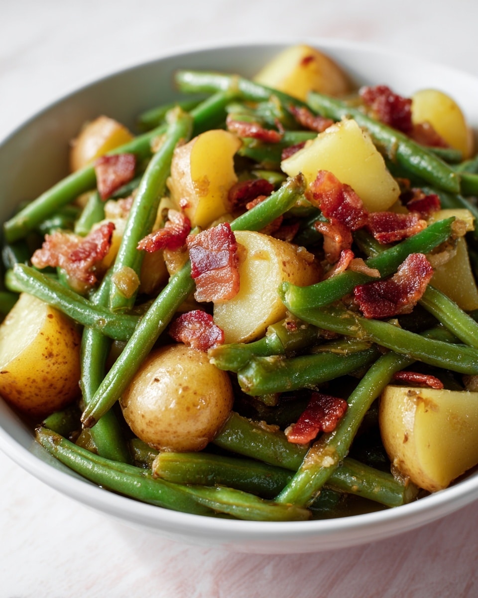 A white bowl filled with a mix of cooked green beans, quartered yellow potatoes with a soft texture, and small pieces of crispy reddish-brown bacon scattered on top and mixed in. The green beans are bright green with a slight sheen, showing softness but still firm. The potatoes have a slightly browned skin and soft pale yellow inside. The bacon adds a crunchy texture contrast and richness with its reddish color. The bowl sits on a white marbled surface. photo taken with an iphone --ar 4:5 --v 7