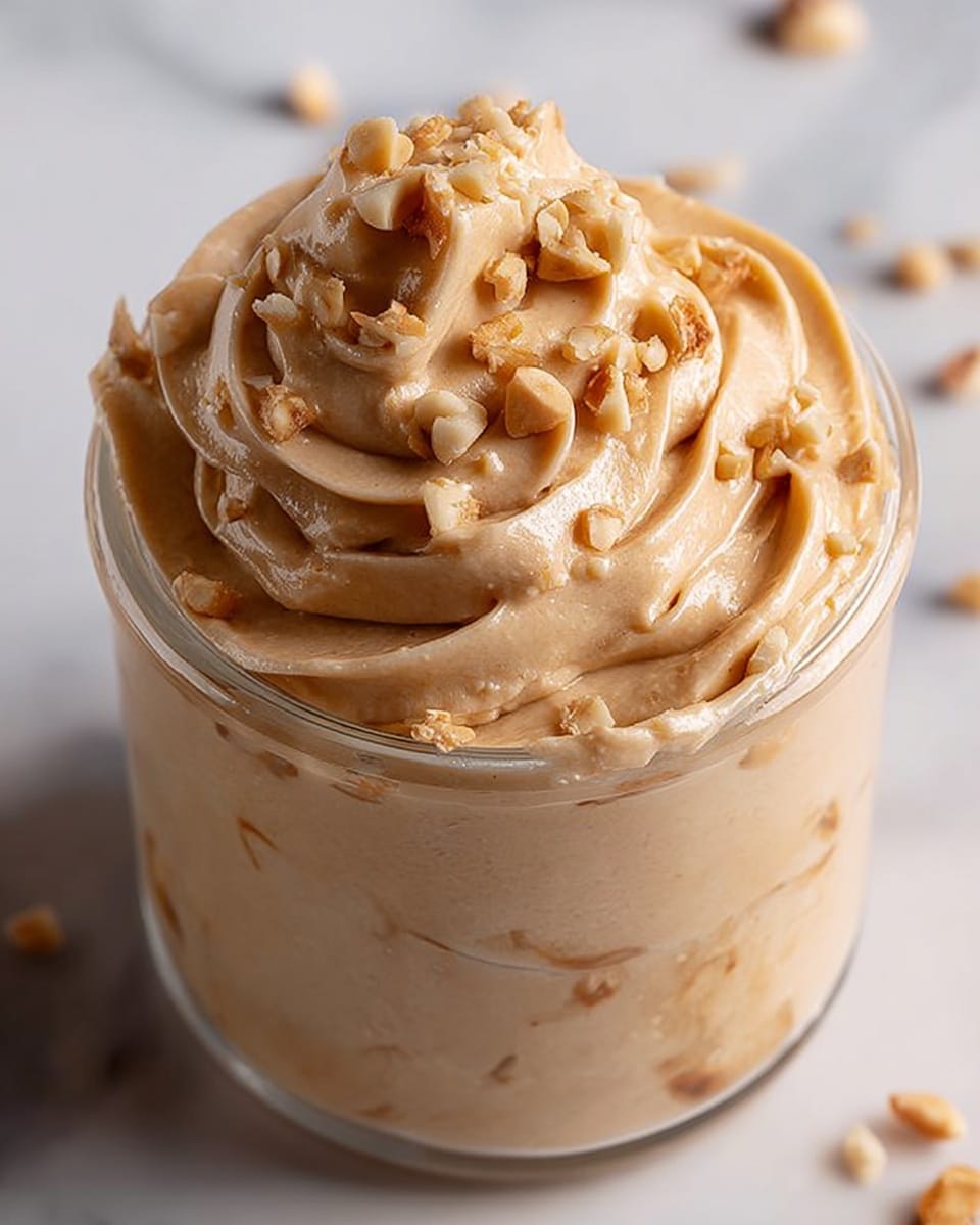 A clear glass jar filled with smooth, light brown creamy spread, swirled inside creating soft peaks and textures all around. The top layer has small chunks of chopped nuts sprinkled over the creamy spread, adding a crunchy look. The jar is placed on a white marbled surface with soft lighting highlighting the creamy texture and nut pieces. Photo taken with an iphone --ar 4:5 --v 7