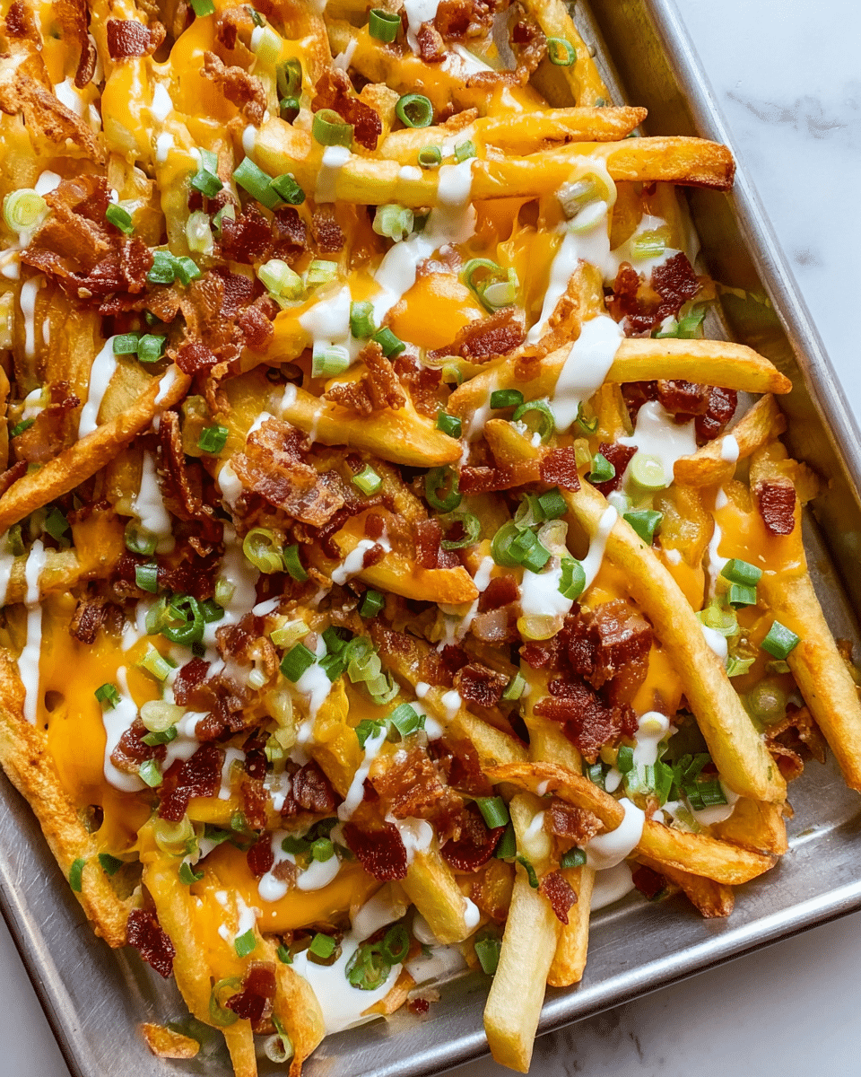 A close-up view of a baking tray filled with golden crispy fries topped with melted orange cheddar cheese and creamy white sauce evenly drizzled on top. The fries are mixed with small pieces of browned bacon scattered throughout, and thinly sliced bright green scallions sprinkled over the dish. The tray sits on a white marbled surface. photo taken with an iphone --ar 4:5 --v 7