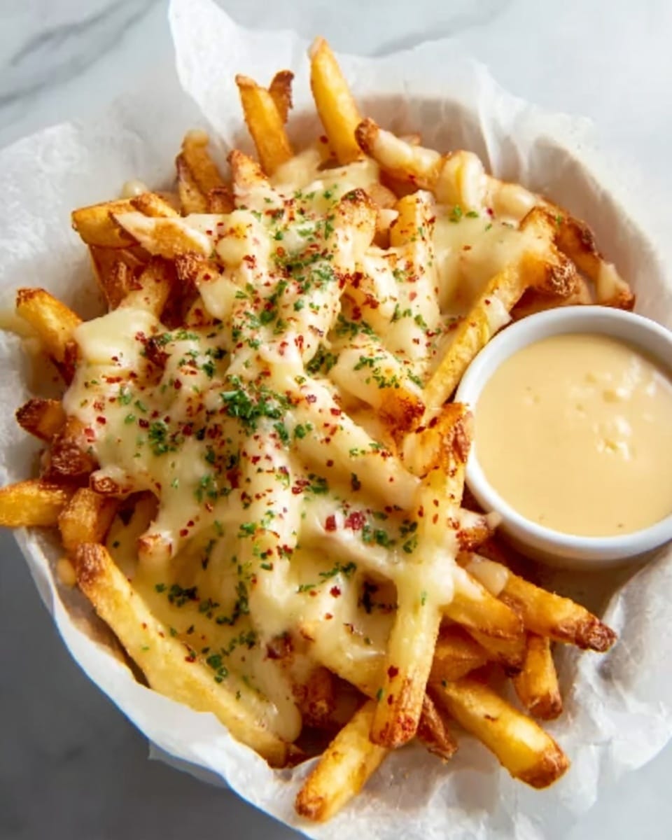 The image shows a white bowl lined with white parchment paper, filled with golden French fries topped with melted creamy cheese that covers most fries in the middle and some edges, sprinkled with red seasoning and small green herbs scattered evenly over the cheese. To the right side of the bowl, there is a small white sauce bowl with a creamy beige sauce. The bowl sits on a white marbled surface. Photo taken with an iphone --ar 4:5 --v 7