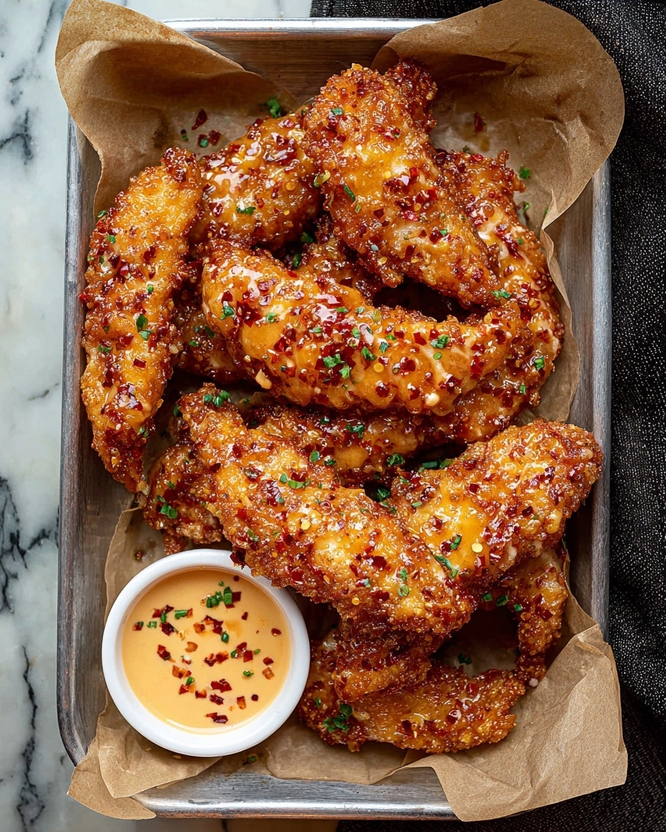 A metal tray lined with light brown parchment paper holds several pieces of crispy fried chicken tenders covered with a shiny, sticky golden-brown sauce speckled with red chili flakes, giving them a glossy texture. The chicken tenders are placed in a slightly overlapping arrangement, with a small white round dish of creamy, light orange dipping sauce with visible chili bits situated in the bottom left corner of the tray. Small green herb sprinkles are scattered on the chicken and the parchment, adding a fresh touch. The tray rests on a surface with a white marbled texture and a dark cloth is visible on the right side of the image. photo taken with an iphone --ar 4:5 --v 7