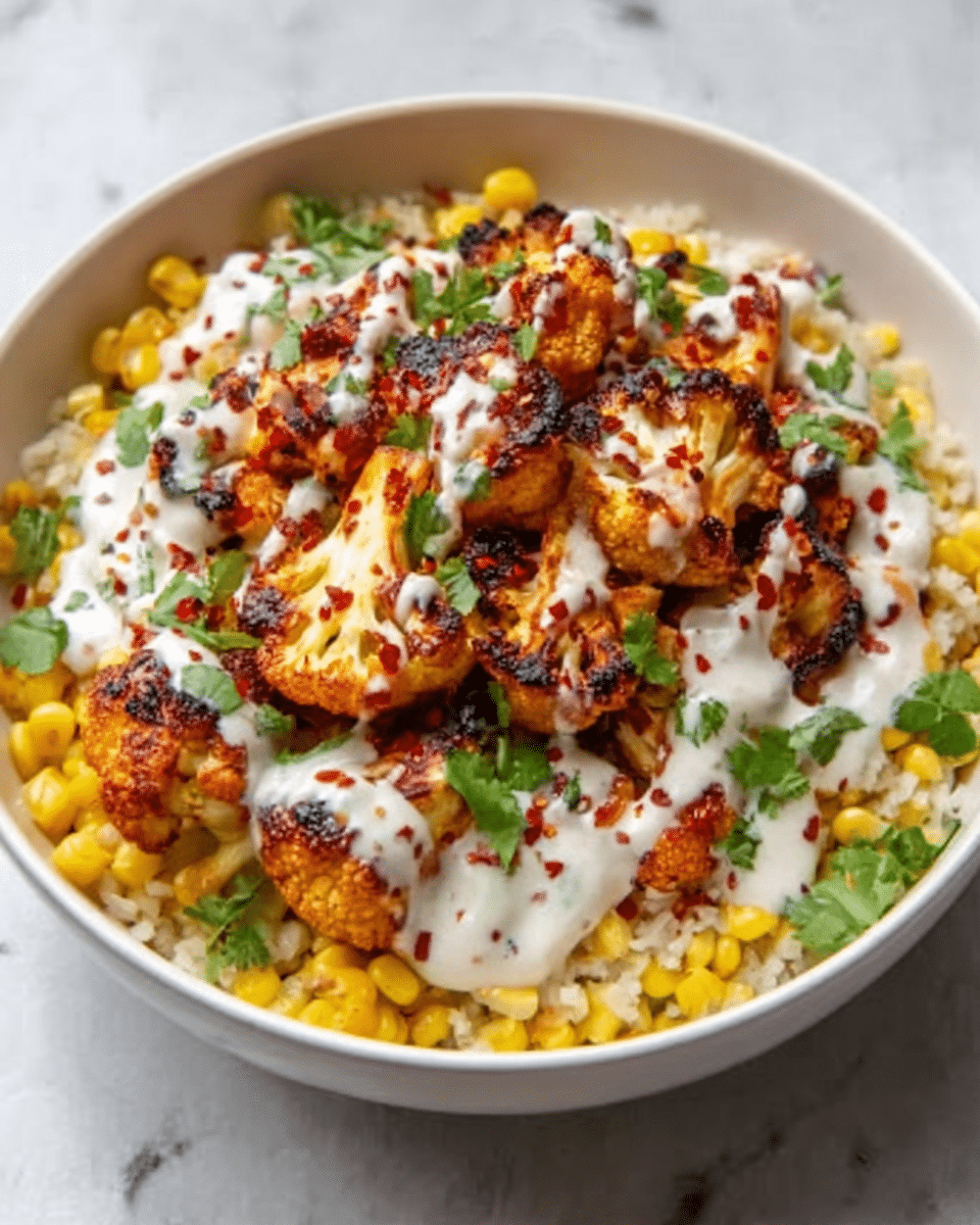 A white bowl filled with a base layer of yellow corn kernels, topped with grilled cauliflower pieces that are golden brown with some char marks. Over the grilled cauliflower is a layer of creamy white sauce drizzled generously, with red chili flakes sprinkled on top, and small green cilantro leaves scattered as garnish. The bowl is set on a white marbled surface. photo taken with an iphone --ar 4:5 --v 7