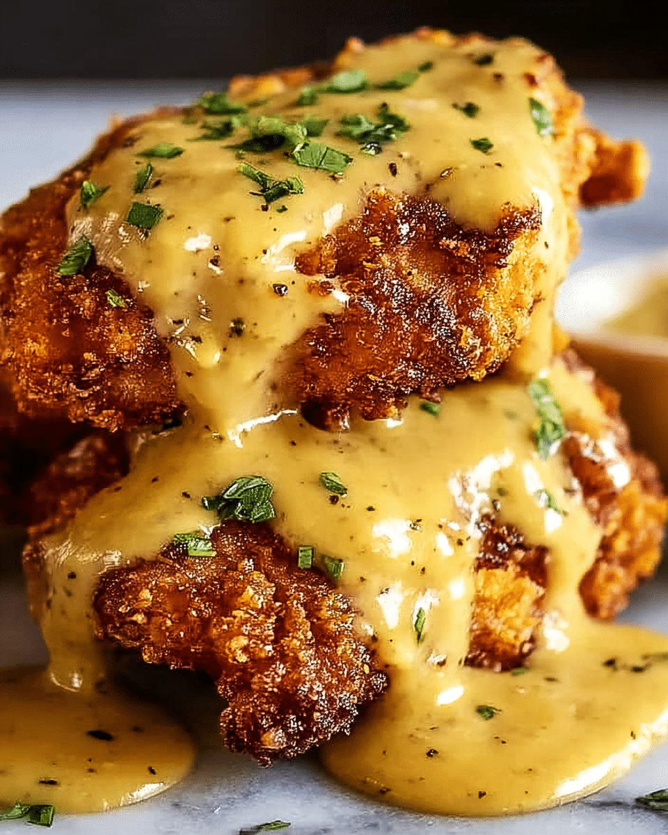 Close-up of two crispy fried chicken pieces stacked on top of each other, covered with thick, creamy golden-brown gravy that smoothly drips down the sides, with small green herb bits sprinkled on top and scattered around, all set against a white marbled texture surface. photo taken with an iphone --ar 4:5 --v 7