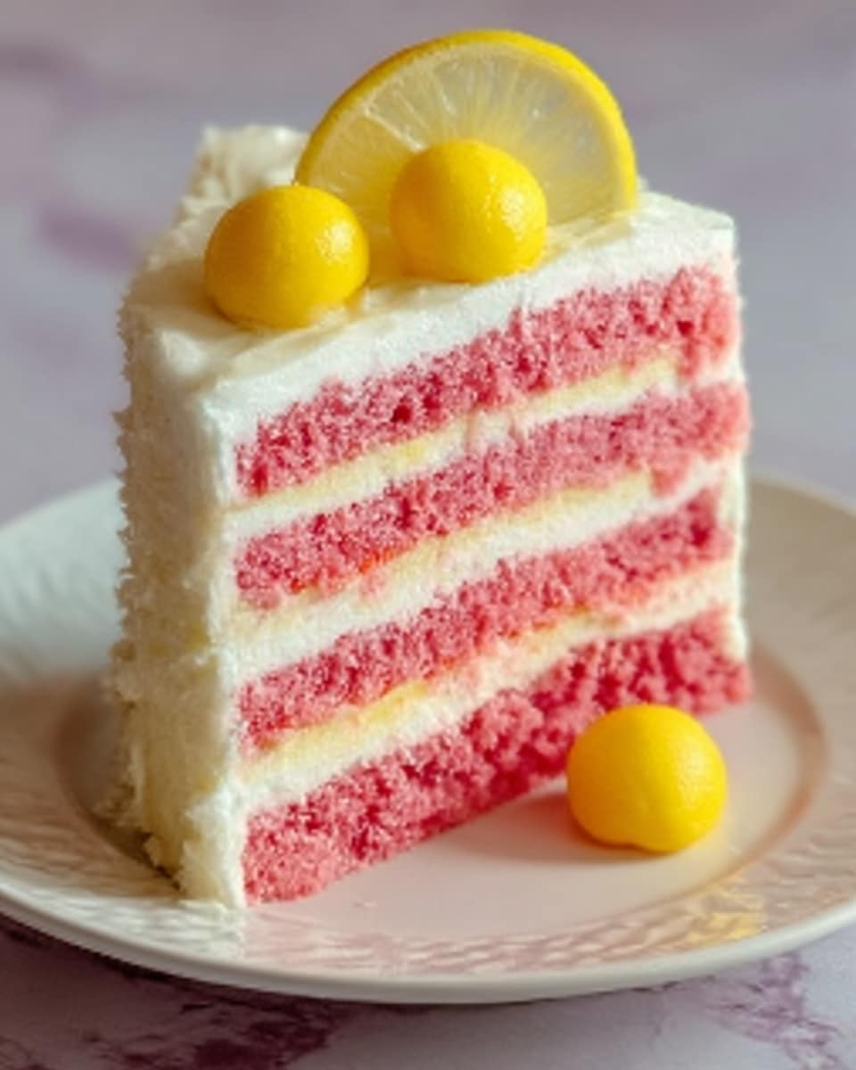 The image shows a slice of layered cake on a white plate, placed on a white marbled surface. The cake has five thick layers of pink sponge, separated by thin layers of white cream. The outside of the cake is covered with smooth white frosting. On top, there are three small yellow round fruits and a lemon slice with bright yellow skin, positioned as decoration. The cake slice looks soft and moist, with clear layers and vibrant colors. Photo taken with an iphone --ar 4:5 --v 7