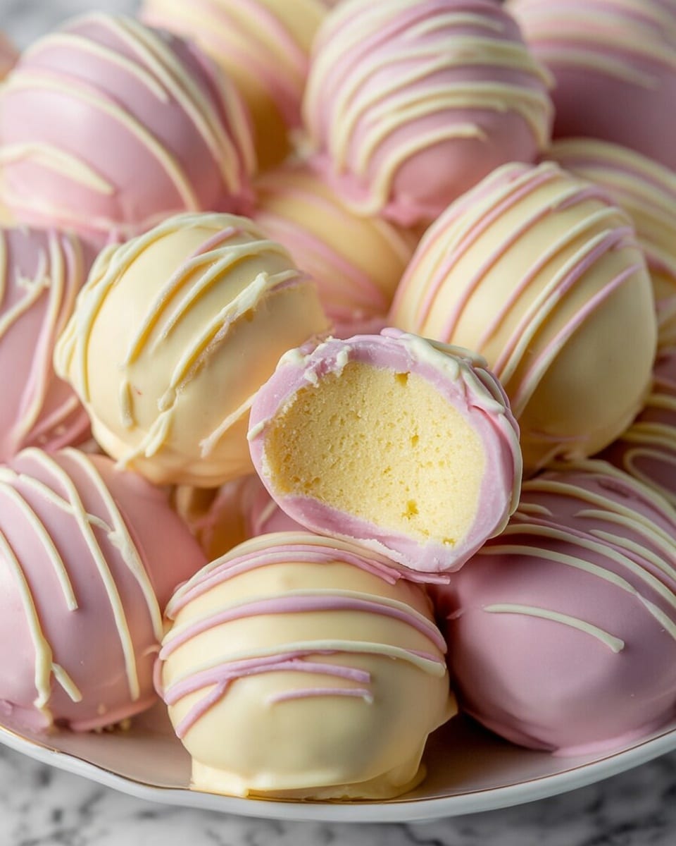 A close-up view shows many round cake balls on a white plate with a white marbled surface beneath. Each ball is coated in pastel colors, mainly soft pink and light yellow, with smooth, creamy textures. They have thin drizzle lines of slightly lighter shades on top, creating a striped pattern. One cake ball is cut in half and placed on top, revealing three visible layers inside: a smooth yellow cake core in the center, surrounded by a soft, creamy filling, and a thin pink outer chocolate shell. The overall image looks soft and inviting, with a focus on the glossy textures and delicate colors. Photo taken with an iphone --ar 4:5 --v 7
