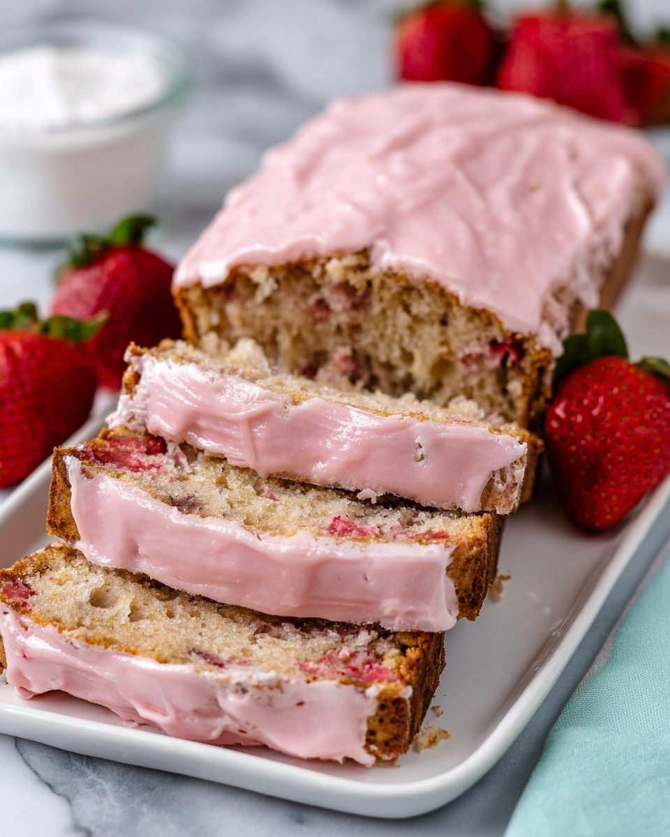 A sliced loaf cake with three visible layers sits on a white tray, each slice showing a soft, crumbly inside mixed with bits of red, likely strawberries, and a thick outer layer of smooth pink frosting covering the top and sides. The cake itself is light brown with a moist texture and tiny dark specks inside. Behind the cake, there are fresh red strawberries and a small container filled with white powder. The scene is set on a white marbled surface. photo taken with an iphone --ar 4:5 --v 7