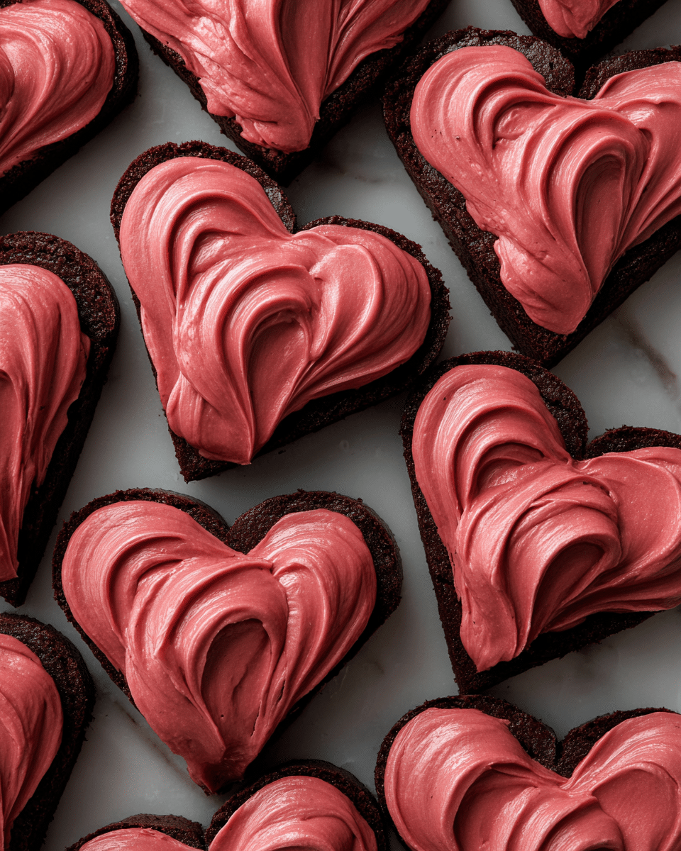 The image shows many heart-shaped chocolate brownies, each topped with one thick layer of smooth pinkish-red frosting. The frosting is carefully swirled on each brownie creating a soft, wavy texture that follows the heart shape. The brownies are arranged closely together on a white marbled surface, making the dark brown and pink-red colors stand out. The brownies look moist and the frosting looks creamy and slightly shiny. photo taken with an iphone --ar 4:5 --v 7