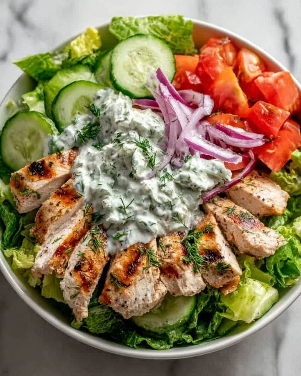 The image shows a white bowl filled with a fresh, colorful salad sitting on a white marbled surface. The base layer is crisp green lettuce, covering the entire bowl. On top, there are sliced grilled chicken pieces with light brown grill marks, arranged in the center. Around the chicken are thin cucumber slices with a pale green color and a few pieces of diced red tomato on one side. The salad is topped with a creamy white dressing mixed with green herbs and garnished with sliced purple onions scattered over the dressing. Photo taken with an iphone --ar 4:5 --v 7