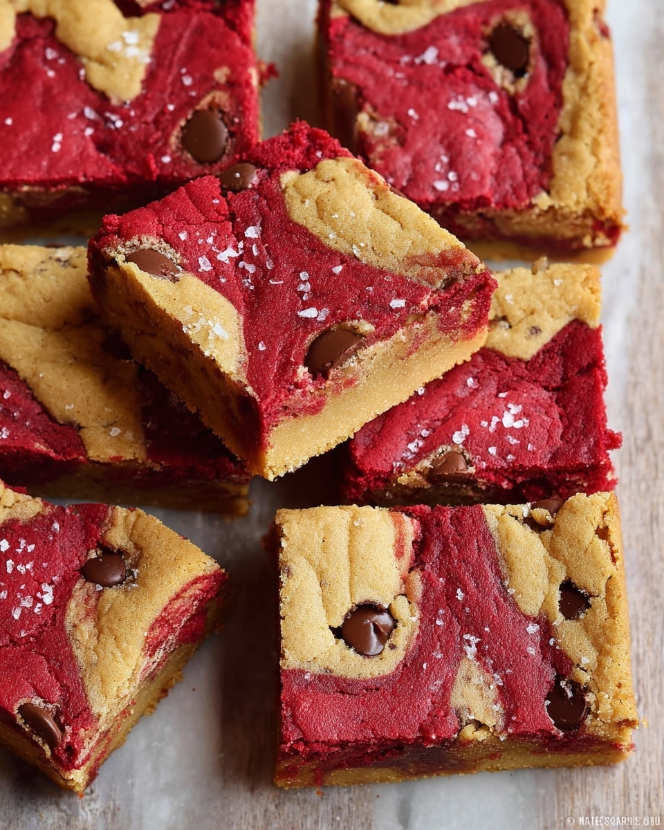 The image shows several rectangular bars with two distinct layers: the bottom layer is a golden cookie dough with visible soft texture and chocolate chips scattered throughout, and the top layer is a vibrant red-red velvet with a smooth, slightly cracked surface. Both layers are mixed and swirled together in a marbled pattern, creating a contrast between the red and golden colors. The bars are cut into squares, some stacked slightly on top of each other, and there are small flakes of sea salt sprinkled over the entire surface, adding a sparkling texture. The bars are placed directly on a white marbled texture. photo taken with an iphone --ar 4:5 --v 7