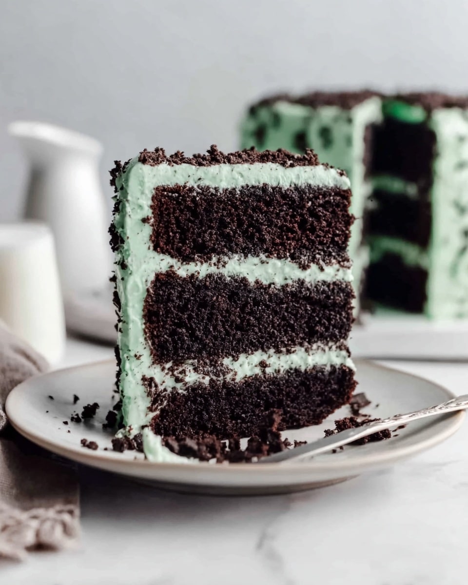 The image shows a tall slice of dark chocolate cake with three layers of moist, rich cake separated by thin layers of white cream frosting. The outside of the cake is covered in smooth mint-green frosting with small dark chocolate crumbs sprinkled on top. The cake sits on a simple white plate on a white marbled surface. In the background, there is a blurred white pitcher and a knife with some cake pieces on the plate. A woman's hand is gently holding the white plate from the side. The light is soft and natural. photo taken with an iphone --ar 4:5 --v 7