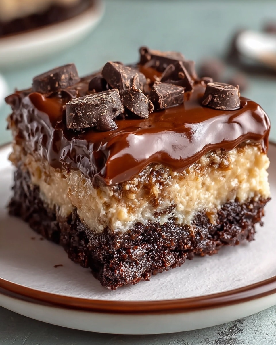 A close-up view of a three-layered dessert on a white plate with a thin brown rim, placed on a white marbled textured surface. The bottom layer is a dark, moist chocolate cake with a rough, crumbly texture. The middle layer is a thick, light beige, gooey mixture that looks soft and sticky, covering the entire base. The top layer is a smooth, glossy chocolate glaze evenly spread over the gooey layer, with several dark chocolate chunks and chips scattered on top, adding a rich, textured finish. Photo taken with an iphone --ar 4:5 --v 7