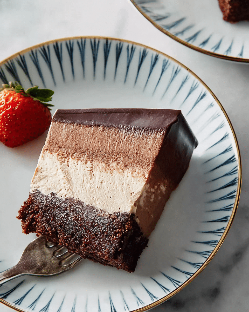 A single slice of three-layered chocolate cake sits on a white plate with blue radial lines and a thin gold rim, placed on a white marbled surface. The bottom layer is a dark, moist chocolate cake with a slightly crumbly texture. The middle layer is a light, creamy milk chocolate mousse, smooth and fluffy in appearance. The top layer is a thick, shiny, dark chocolate ganache with a glossy finish. A silver fork gently lifts a small bite from the left side of the cake slice, showing the clean separation of the layers. In the corner of the image, a whole strawberry with green leaves rests on a matching white plate. photo taken with an iphone --ar 4:5 --v 7