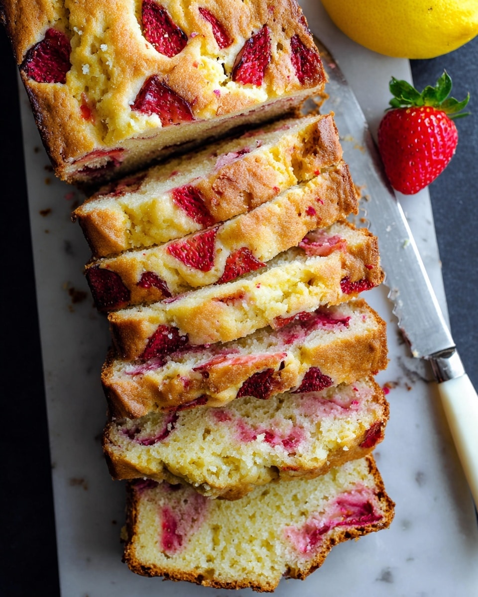 A loaf of strawberry bread is sliced into six thick pieces showing a golden-brown top dotted with bright red strawberry pieces that are slightly sunken into the soft baked surface. The inside of the bread is light yellow with scattered red strawberry chunks, showing a moist and tender crumb. The bread rests on a white marbled surface next to a sharp bread knife with a white handle. To the top right, part of a lemon and a whole strawberry add a pop of color. The texture of the bread looks soft and slightly crumbly. photo taken with an iphone --ar 4:5 --v 7