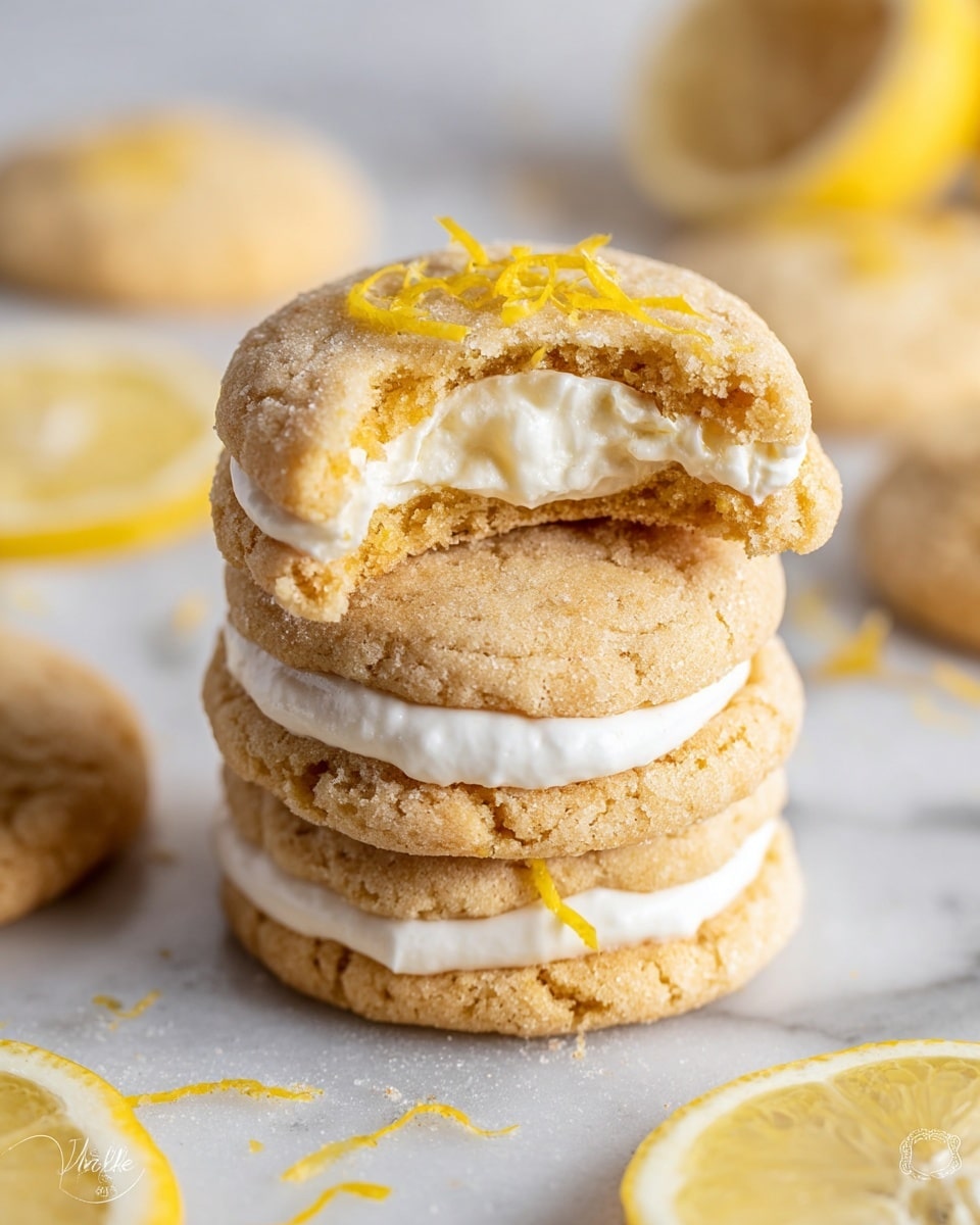 A stack of three light golden brown cookies is shown on a white marbled surface, with the top cookie bitten revealing a soft, white cream filling inside. Thin lemon zest strands are placed on top of the bitten cookie, adding a pop of yellow color. Surrounding the stack are lemon slices and additional cookies with the same golden color and slightly rough texture. The scene is bright and softly focused, emphasizing the creamy filling and crumbly cookie layers. Photo taken with an iphone --ar 4:5 --v 7