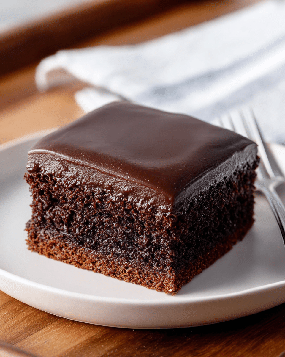 A close-up of a single square piece of chocolate cake placed at the center of a white plate, showing three layers: the bottom layer is a dense, dark chocolate base, the middle layer is a moist, slightly lighter chocolate cake with a textured surface, and the top layer is a smooth, glossy dark chocolate frosting that covers the whole top evenly. The white plate is on a wooden surface with a blurred white and blue striped cloth in the background. A silver fork is visible on the right edge of the image. photo taken with an iphone --ar 4:5 --v 7