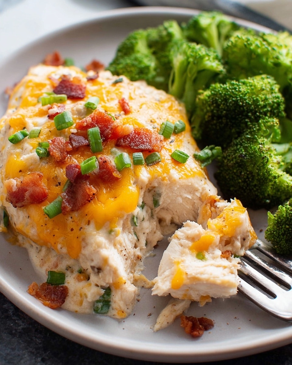 A close-up view of a white plate showing a piece of creamy baked chicken topped with melted orange cheddar cheese, small bits of crispy bacon, and chopped green onions, with the chicken itself looking tender and moist in light beige color. On the side, there are bright green steamed broccoli florets adding contrast. A fork holds a small bite of the chicken near the bottom right, showing the creamy texture inside. The whole plate rests on a white marbled surface. photo taken with an iphone --ar 4:5 --v 7