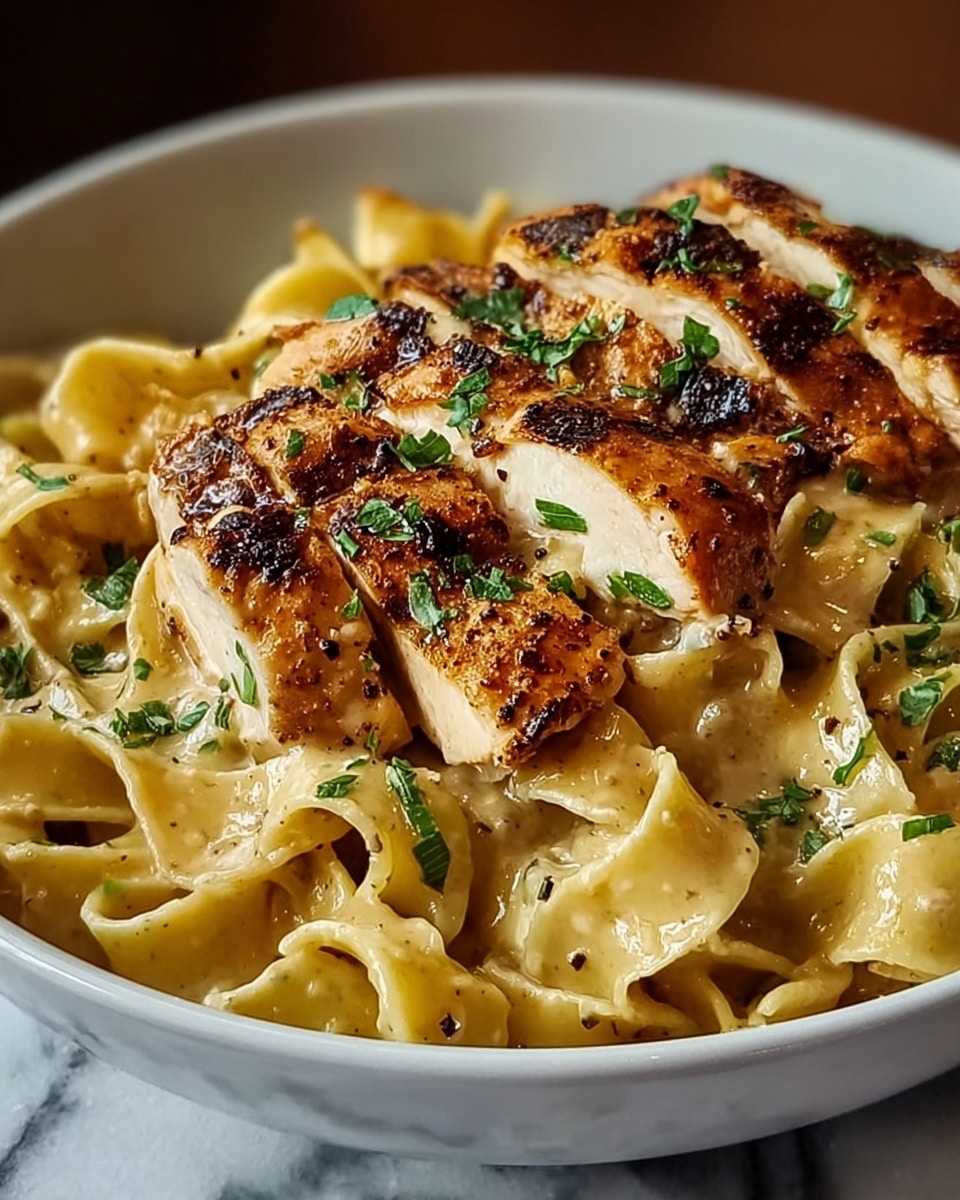 The image shows a close-up of a bowl filled with creamy pasta and grilled chicken on top. The bottom layer consists of pale yellow, wide flat noodles coated in a smooth, creamy sauce. On top of the pasta, there are several pieces of grilled chicken, cut into thick slices, showing a golden brown, slightly charred outside and juicy inside. Small green herb pieces are sprinkled over the chicken and pasta, adding a fresh touch. The bowl is white and sits on a white marbled surface. The photo taken with an iphone --ar 4:5 --v 7