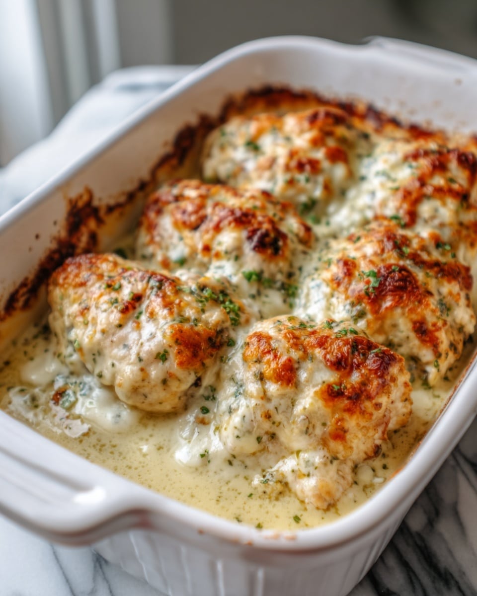 The image shows a white ceramic baking dish filled with six large pieces of golden-brown baked chicken topped with a creamy, cheesy sauce mixed with small green herbs. Each piece is browned on top with some crispy spots, and the sauce underneath is thick and white with bits of herbs visible. The dish is placed on a white marbled surface, and a woman's hand is holding the edge of the dish. Photo taken with an iphone --ar 4:5 --v 7