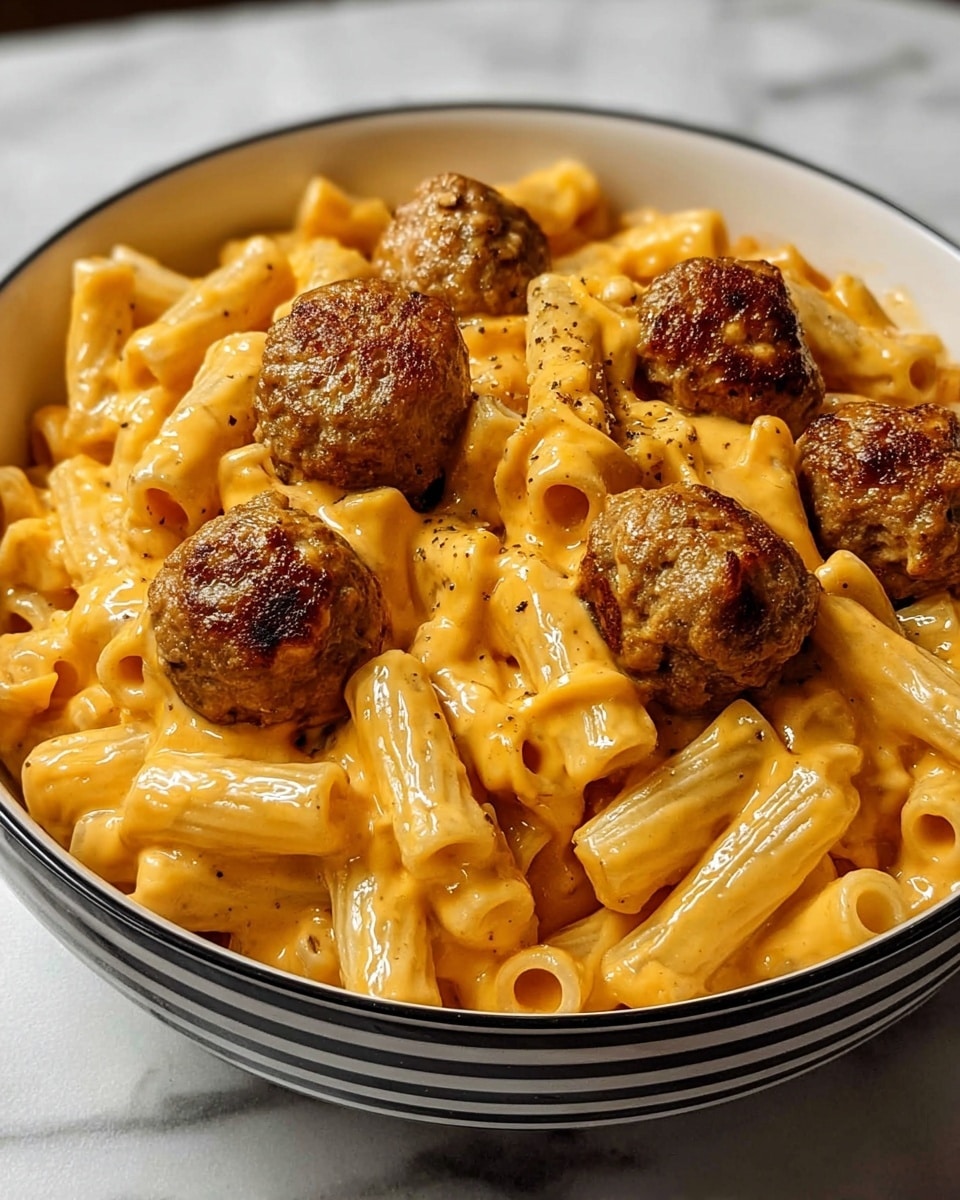 A close-up of a bowl filled with creamy macaroni pasta coated in an orange cheese sauce, topped with eight browned meatballs. The pasta pieces are tubular with ridges, and the sauce has a smooth, rich texture with visible specks of seasoning. The meatballs sit on top, evenly spaced and shiny from the sauce, with a browned crust showing some texture. The bowl is white with a black inside and thin black stripes on the outside rim, sitting on a white marbled surface. photo taken with an iphone --ar 4:5 --v 7